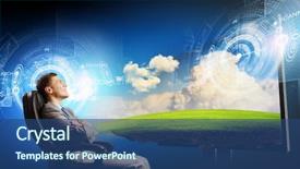  Presentation with unique red chair - Presentation theme having digital tv - young businessman sitting in chair background and a  colored foreground