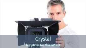  Presentation with old wite man and his music - Slides with cameraman - handsome man with camcorder isolated background and a ocean colored foreground