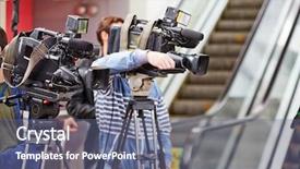  Presentation with shooting - PPT theme enhanced with digital video production - cameramen with their equipment background and a ocean colored foreground