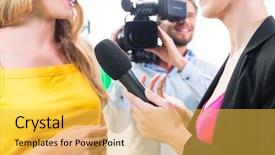  Presentation with film - Colorful PPT theme enhanced with digital video production - reporter and cameraman film shoot backdrop and a yellow colored foreground