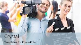  Presentation with camera film - Slide deck having digital video production - team or cameraman with camera background and a light blue colored foreground