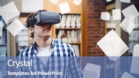  Presentation with floating - PPT layouts enhanced with digitally generated grey cubes floating against male student using virtual reality headset background and a teal colored foreground