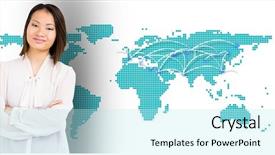  Presentation with woman world - PPT theme consisting of digitally generated world map background and a cool aqua colored foreground