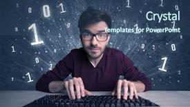  Presentation with hacker - PPT theme featuring digits 0 1 - funny hacker working hard background and a  colored foreground