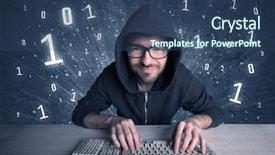  Presentation with solving - Slide deck consisting of digits 0 1 - funny hacker working hard background and a  colored foreground