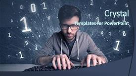  Presentation with hacker - Theme consisting of digits 0 1 - funny hacker working hard background and a  colored foreground