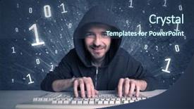  Presentation with solving - Presentation theme consisting of digits 0 1 - funny hacker working hard background and a  colored foreground