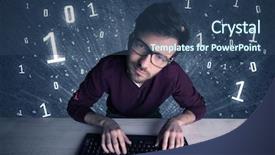  Presentation with hacker - PPT theme consisting of digits 0 1 - funny hacker working hard background and a  colored foreground