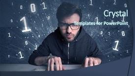  Presentation with solving - Amazing PPT theme having digits 0 1 - funny hacker working hard backdrop and a  colored foreground