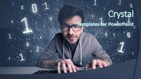  Presentation with solving - PPT theme with digits 0 1 - funny hacker working hard background and a  colored foreground