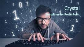  Presentation with hacker - PPT theme featuring digits 0 1 - funny hacker working hard background and a  colored foreground