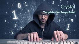  Presentation with hacker - Cool new slide deck with digits 0 1 - funny hacker working hard backdrop and a  colored foreground