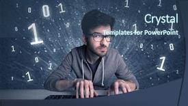  Presentation with hacker - Amazing slides having digits 0 1 - funny hacker working hard backdrop and a  colored foreground