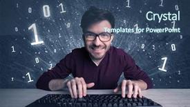  Presentation with solving - Cool new slides with digits 0 1 - funny hacker working hard backdrop and a ocean colored foreground