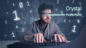  Presentation with hacker - Beautiful slide set featuring digits 0 1 - funny hacker working hard backdrop and a ocean colored foreground
