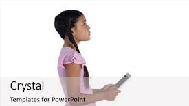  Presentation with hands holding black tablet - Presentation design consisting of digits 0 1 - thoughtful girl holding digital tablet background and a  colored foreground