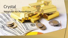  Presentation with gold bars - Audience pleasing PPT theme consisting of dignity - gold bars with dollar banknotes backdrop and a yellow colored foreground