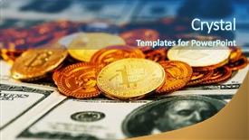  Presentation with money bitcoin - PPT theme consisting of diigital wallets - golden bitcoin and mound background and a ocean colored foreground