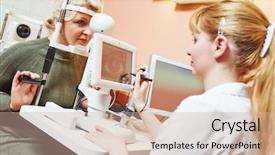  Presentation with eye doctor - Audience pleasing presentation design consisting of dilatation - optometry female optometrist optician doctor backdrop and a soft green colored foreground