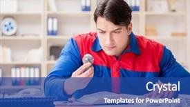  Presentation with project - Amazing PPT theme having diligence details - worker in uniform working backdrop and a ocean colored foreground