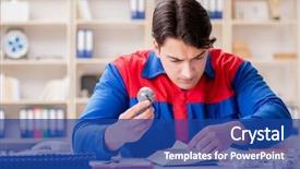  Presentation with petrol storage project - Cool new slide deck with diligence details - worker in uniform working backdrop and a ocean colored foreground