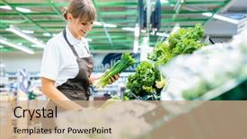  Presentation with supermarket - Presentation theme featuring diligent - shop assistant in supermarket re-stocking background and a coral colored foreground