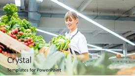 Presentation with working woman - Beautiful PPT layouts featuring diligent - woman working in a supermarket backdrop and a mint green colored foreground
