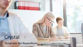  Presentation with collaborative writing - Presentation theme enhanced with diligent girl and her groupmates background and a coral colored foreground