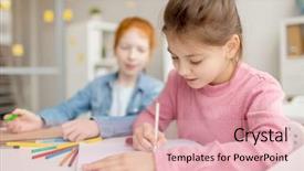  Presentation with crayon - Presentation theme having diligent girl with crayon drawing background and a coral colored foreground