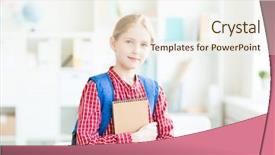  Presentation with notepad - Audience pleasing PPT theme consisting of diligent schoolgirl with blue backpack backdrop and a sky blue colored foreground