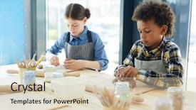  Presentation with kaolinite clay - Beautiful presentation design featuring diligent schoolkids in workwear kneading backdrop and a  colored foreground