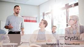  Presentation with new teacher - Presentation featuring diligent teenage students listening background and a soft green colored foreground