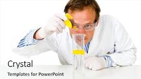  Presentation with substance - Audience pleasing PPT theme consisting of diluciones - chemist dripping a yellow substance backdrop and a white colored foreground
