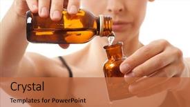  Presentation with bottles - Theme having mix 2 liquids - woman holding two bottles background and a red colored foreground