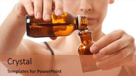  Presentation with two plastic bottles milk - Slide deck having diluciones - woman holding two bottles background and a coral colored foreground