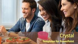  Presentation with friends - Colorful theme enhanced with dine time - happy young friends sitting beside backdrop and a  colored foreground