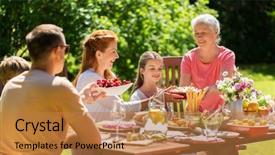  Presentation with summer party - Audience pleasing PPT theme consisting of dine time - leisure holidays and people concept backdrop and a coral colored foreground