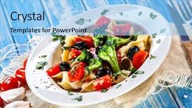  Presentation with herbs on wood - PPT theme enhanced with dine time - pasta with herbs and vegetables background and a light blue colored foreground