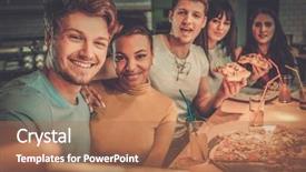  Presentation with pizzeria - Presentation design with diner - cheerful multiracial friends having fun background and a coral colored foreground