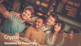  Presentation with pizzeria - Presentation consisting of diner - cheerful multiracial friends having fun background and a coral colored foreground