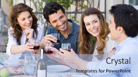  Presentation with toasting - Colorful presentation design enhanced with dining - group of happy young friends backdrop and a light blue colored foreground