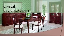 Presentation with furniture design - Slide deck consisting of dining room interior design house interior classic style wooden furniture sunlight retro pattern wallpaper background and a seafoam green colored foreground