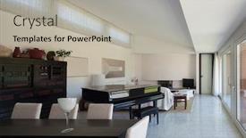  Presentation with dining - Presentation theme enhanced with dining room of a modern house interior background and a light gray colored foreground