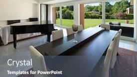  Presentation with dining - PPT layouts with dining room with piano of a modern house interior background and a ocean colored foreground
