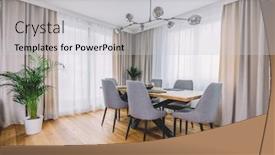  Presentation with dining table - PPT theme with dining-room-with-wooden-table background and a light gray colored foreground