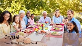  Presentation with lunch - Beautiful slide deck featuring dining table - friends and family having lunch backdrop and a coral colored foreground