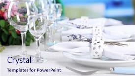  Presentation with dining table - Beautiful PPT theme featuring dining table setting with lavender flowers on table on bright background lavender wedding concept backdrop and a sky blue colored foreground