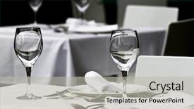  Presentation with customers - PPT theme having dining tables ready for customers background and a light gray colored foreground