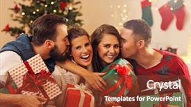  Presentation with group of children in christmas - PPT theme featuring dinner celebration - picture showing group of friends background and a  colored foreground