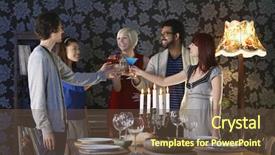  Presentation with dining table - Presentation with group of multiethnic friends toasting drinks by dining table background and a tawny brown colored foreground